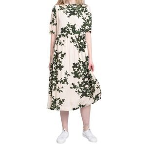 ICHI Women's Dress Ivory Green Floral Lined Cottagecore Midi Size 36/US 6‎
